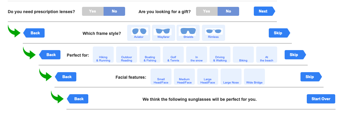 Mockup of several steps from the product selector